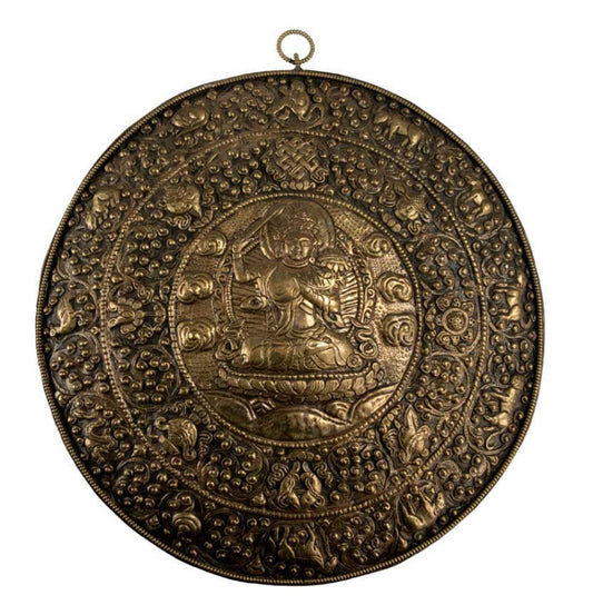 Plaque Murale Calendrier Tibétain Manjushri En Métal Repoussé – Mandala Bouddhiste Du Népal