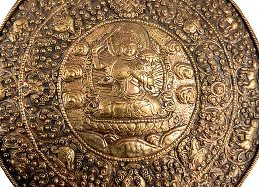 Plaque Murale Calendrier Tibétain Manjushri En Métal Repoussé – Mandala Bouddhiste Du Népal