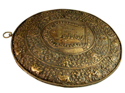 Plaque Murale Kalachakra Mandala En Métal Repoussé – Art Bouddhiste Tibétain Du Népal