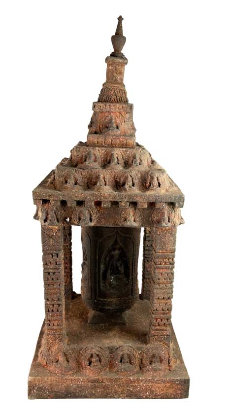 Moulin à prières népalais sur socle en bois – Grand modèle artisanal avec Bouddhas sculptés