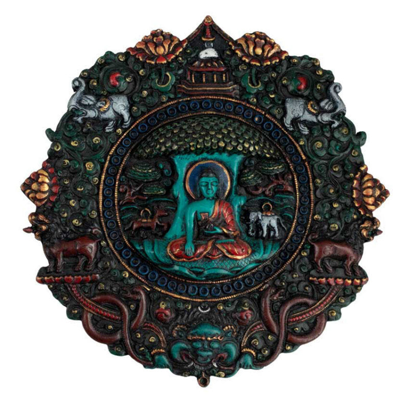 Plaque Bouddha Shakyamuni en Résine Turquoise 21,5 cm – Décoration Murale Népal