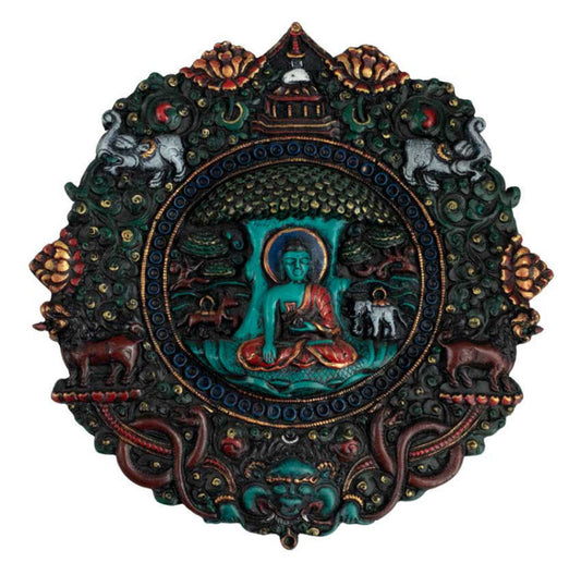 Plaque Bouddha Shakyamuni en Résine Turquoise 21,5 cm – Décoration Murale Népal
