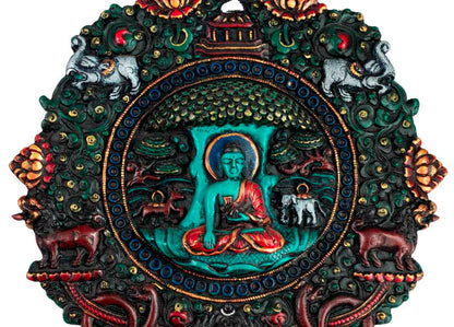 Plaque Bouddha Shakyamuni en Résine Turquoise 21,5 cm – Décoration Murale Népal