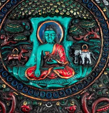 Plaque Bouddha Shakyamuni en Résine Turquoise 21,5 cm – Décoration Murale Népal