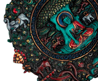 Plaque Bouddha Shakyamuni en Résine Turquoise 21,5 cm – Décoration Murale Népal