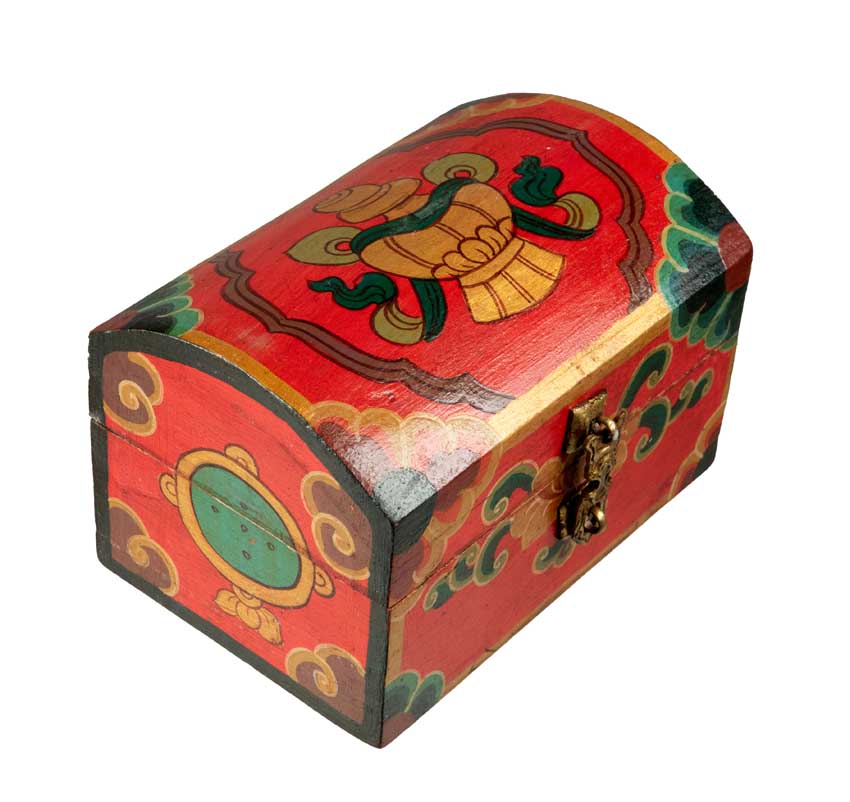 Boîte à bijoux tibétaine en bois peint – artisanat traditionnel du Népal
