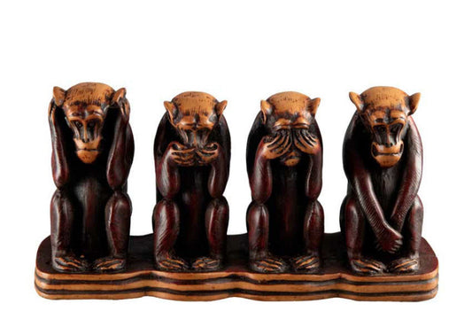 4 Singes de la Sagesse en Résine Bordeaux et Beige – Népal – Les Trois Singes De La Sagesse