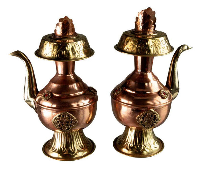 Paire de Bhumpa – vase à eau lustrale Kalasha en cuivre et laiton – rituel bouddhiste tibétain
