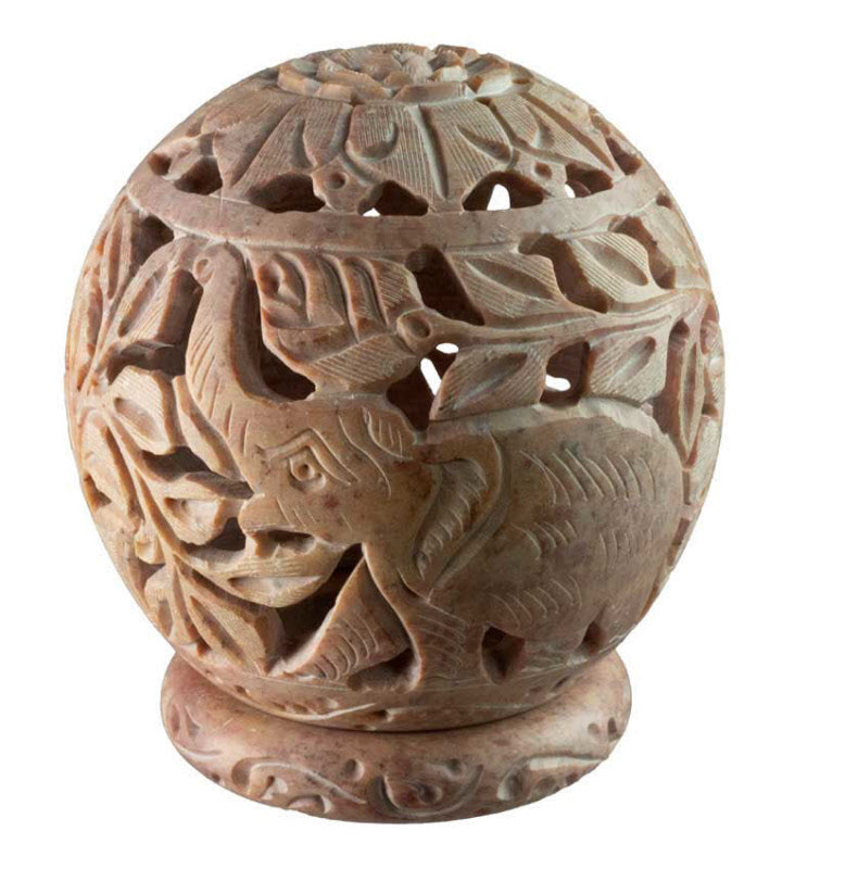 Photophore Éléphants Et Fleurs En Stéatite – Lampe Porte Bougie Artisanale Indienne