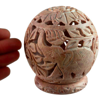 Photophore Éléphants Et Fleurs En Stéatite – Lampe Porte Bougie Artisanale Indienne