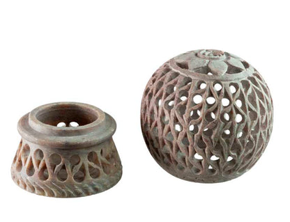 Photophore Floral En Stéatite – Lampe Porte Bougie Artisanale Indienne