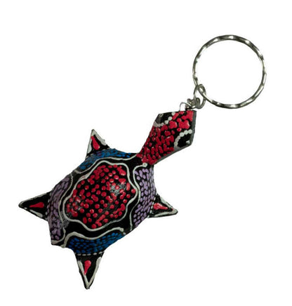 Porte-Clés Tortue Artisanal en Bois Peint &amp; Métal – Artisanat de Bali