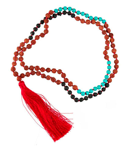 Sautoir Mala Tibétain En Rudraksha Avec Perles Turquoise Et Lave