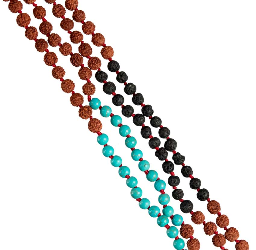 Sautoir Mala Tibétain En Rudraksha Avec Perles Turquoise Et Lave