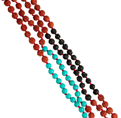 Sautoir Mala Tibétain En Rudraksha Avec Perles Turquoise Et Lave