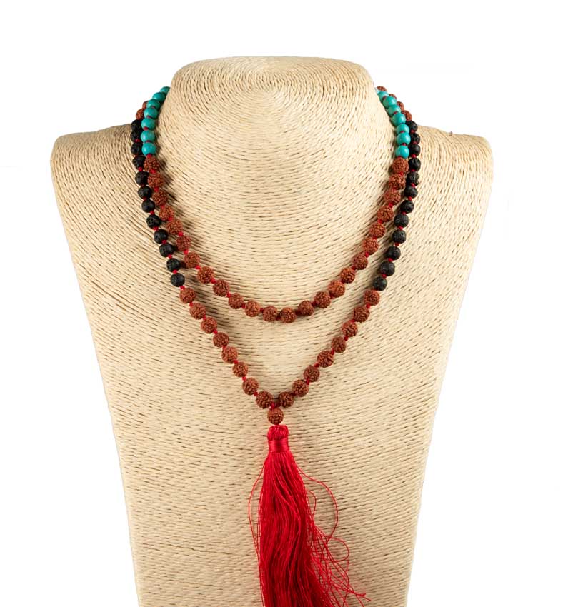 Sautoir Mala Tibétain En Rudraksha Avec Perles Turquoise Et Lave