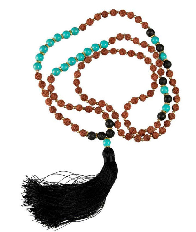 Sautoir Mala Tibétain En Rudraksha Avec Perles Turquoise Et Lave