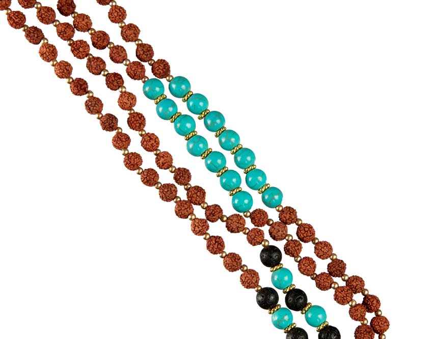 Sautoir Mala Tibétain En Rudraksha Avec Perles Turquoise Et Lave