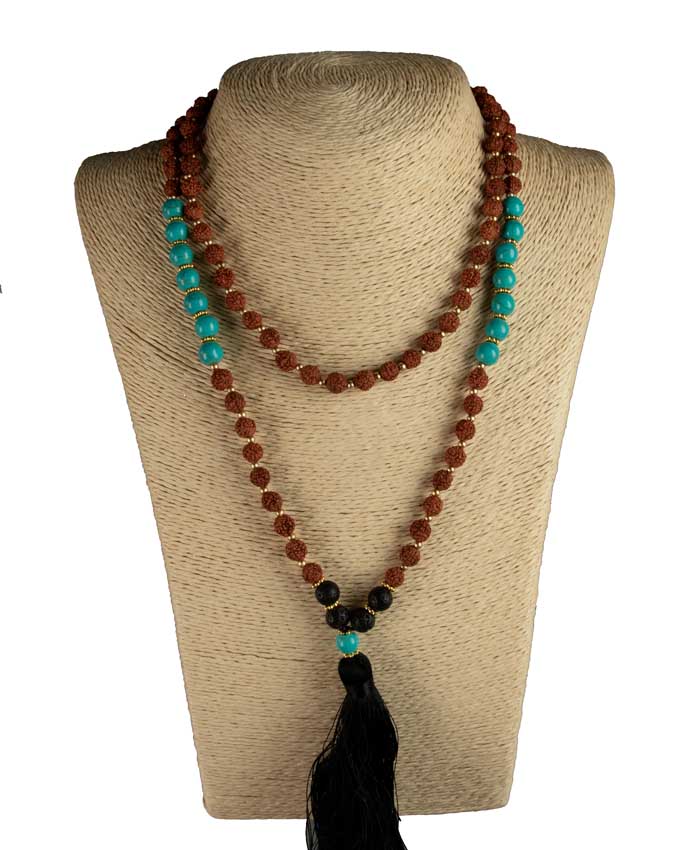 Sautoir Mala Tibétain En Rudraksha Avec Perles Turquoise Et Lave