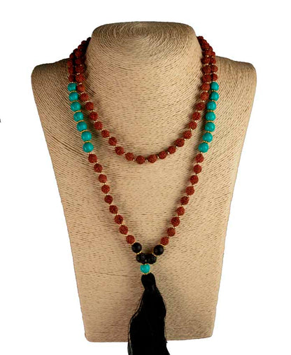 Sautoir Mala Tibétain En Rudraksha Avec Perles Turquoise Et Lave