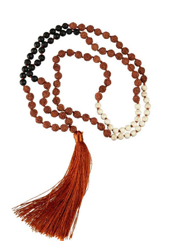Sautoir Mala Tibétain En Rudraksha Avec Perles En Résine Et Lave