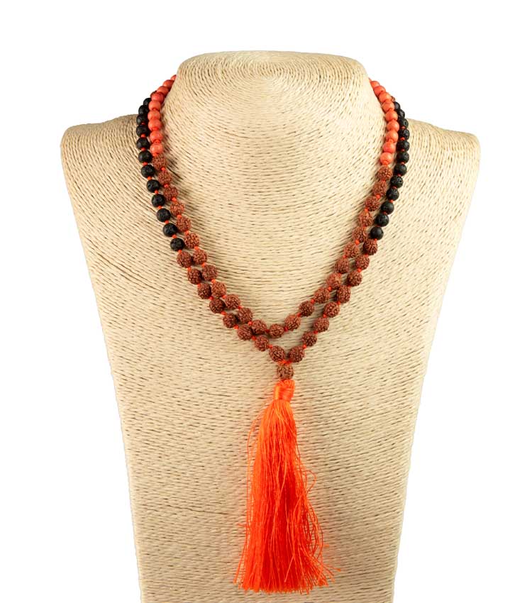 Sautoir Mala Tibétain En Rudraksha Avec Perles Orange Et Lave