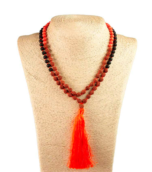 Sautoir Mala Tibétain En Rudraksha Avec Perles Orange Et Lave