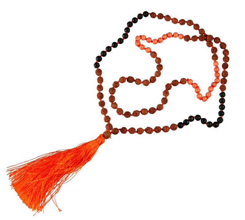 Sautoir Mala Tibétain En Rudraksha Avec Perles Orange Et Lave