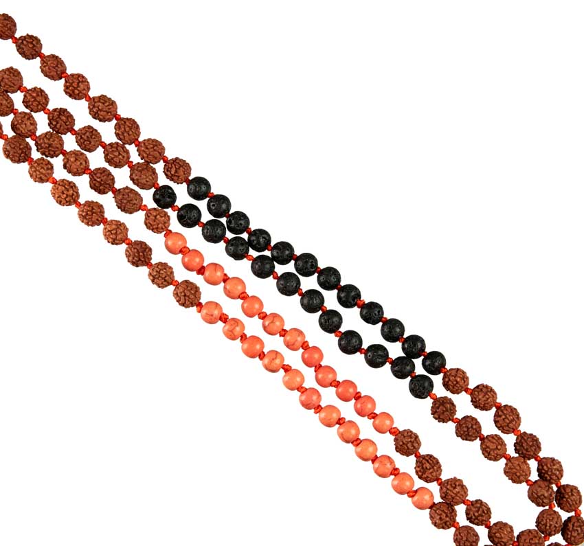 Sautoir Mala Tibétain En Rudraksha Avec Perles Orange Et Lave