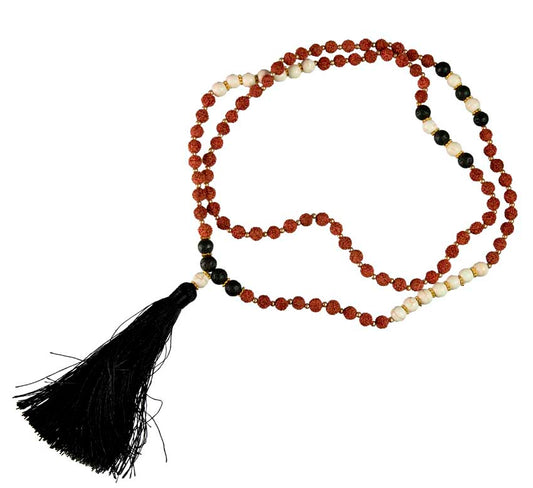 Sautoir Mala Tibétain En Rudraksha Avec Perles Lave Et Résine Blanche