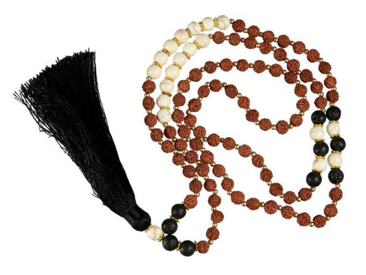 Sautoir Mala Tibétain En Rudraksha Avec Perles Lave Et Résine Blanche