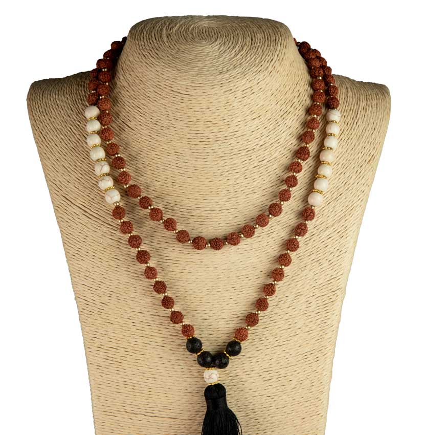 Sautoir Mala Tibétain En Rudraksha Avec Perles Lave Et Résine Blanche