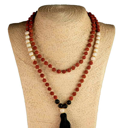 Sautoir Mala Tibétain En Rudraksha Avec Perles Lave Et Résine Blanche
