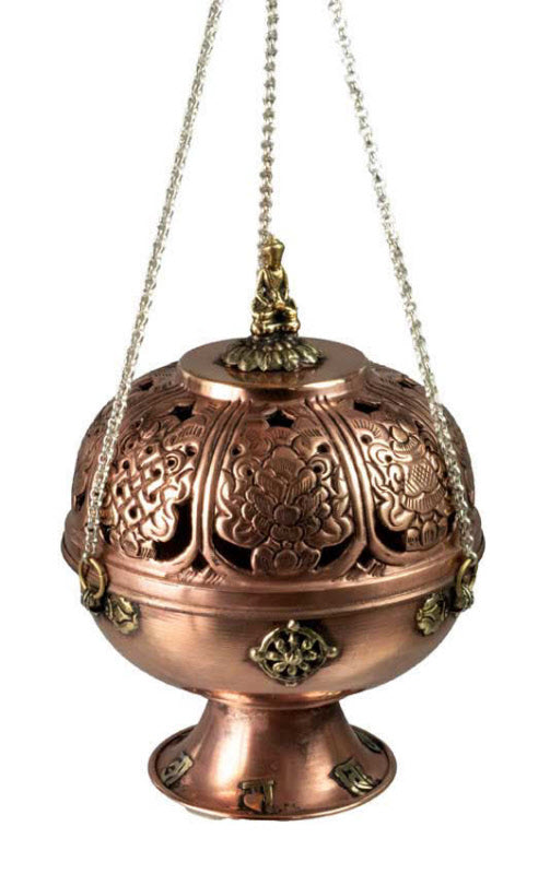 Encensoir Bouddha suspendu en cuivre – brûleur d’encens bouddhiste décoré de signes auspicieux