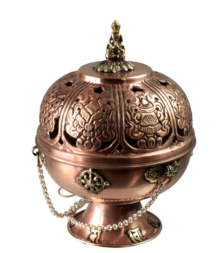 Encensoir Bouddha suspendu en cuivre – brûleur d’encens bouddhiste décoré de signes auspicieux