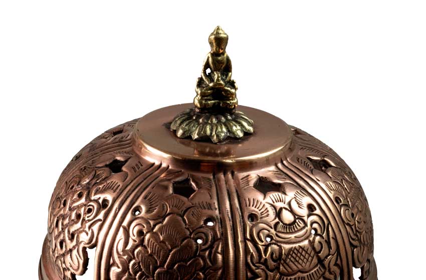 Encensoir Bouddha suspendu en cuivre – brûleur d’encens bouddhiste décoré de signes auspicieux