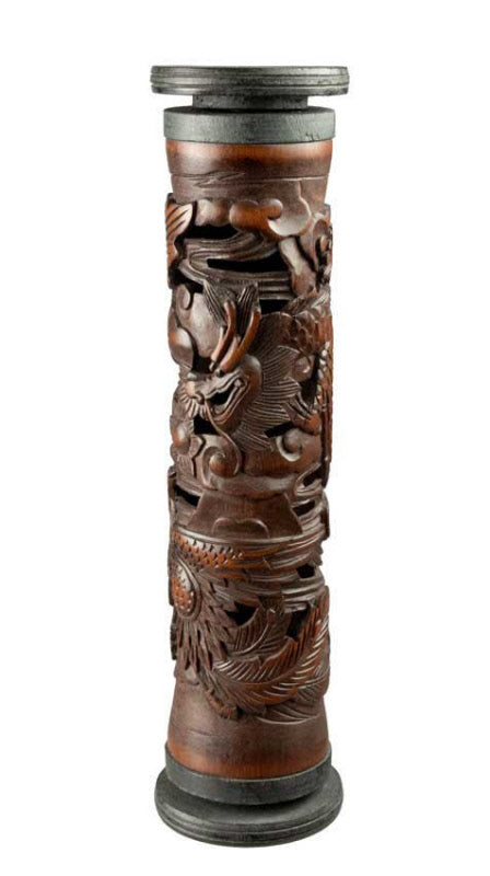 Brûleur d’encens en tube de bambou sculpté – dragon et phénix