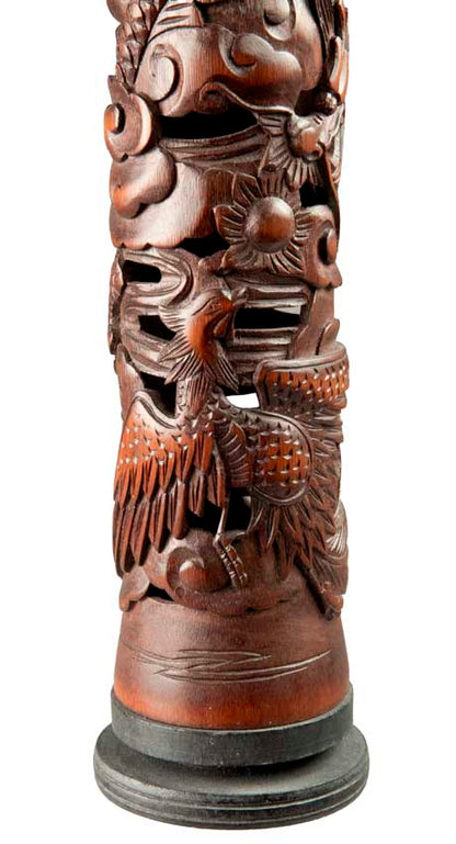 Brûleur d’encens en tube de bambou sculpté – dragon et phénix