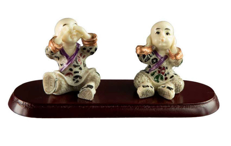 Statuette Moine Shaolin Sur Socle – Décoration Chinoise – Les Trois Singes De La Sagesse