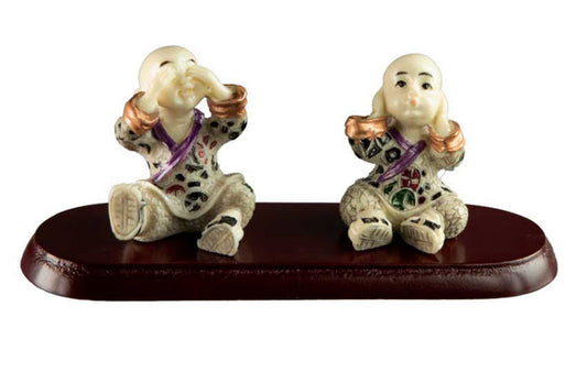 Statuette Moine Shaolin Sur Socle – Décoration Chinoise – Les Trois Singes De La Sagesse