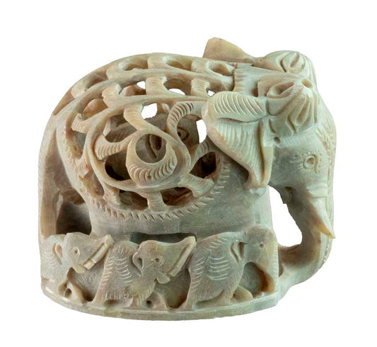 Statue Éléphant En Pierre – Mère Et Ses Petits – Artisanat Indien
