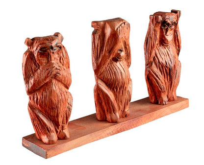 Statue 3 Singes De La Sagesse En Bois Sur Socle – Artisanat Africain