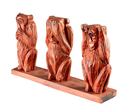 Statue 3 Singes De La Sagesse En Bois Sur Socle – Artisanat Africain