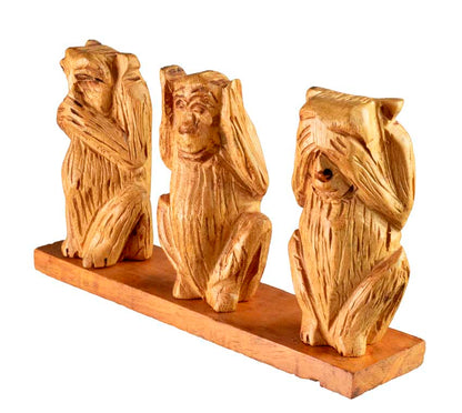Statue 3 Singes De La Sagesse En Bois Sur Socle – Artisanat Camerounais