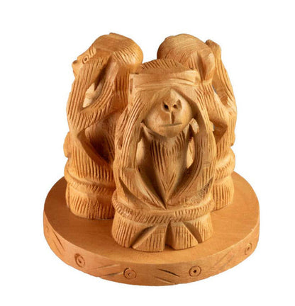 Statue 3 Singes De La Sagesse En Bois Sur Socle – Artisanat Indien