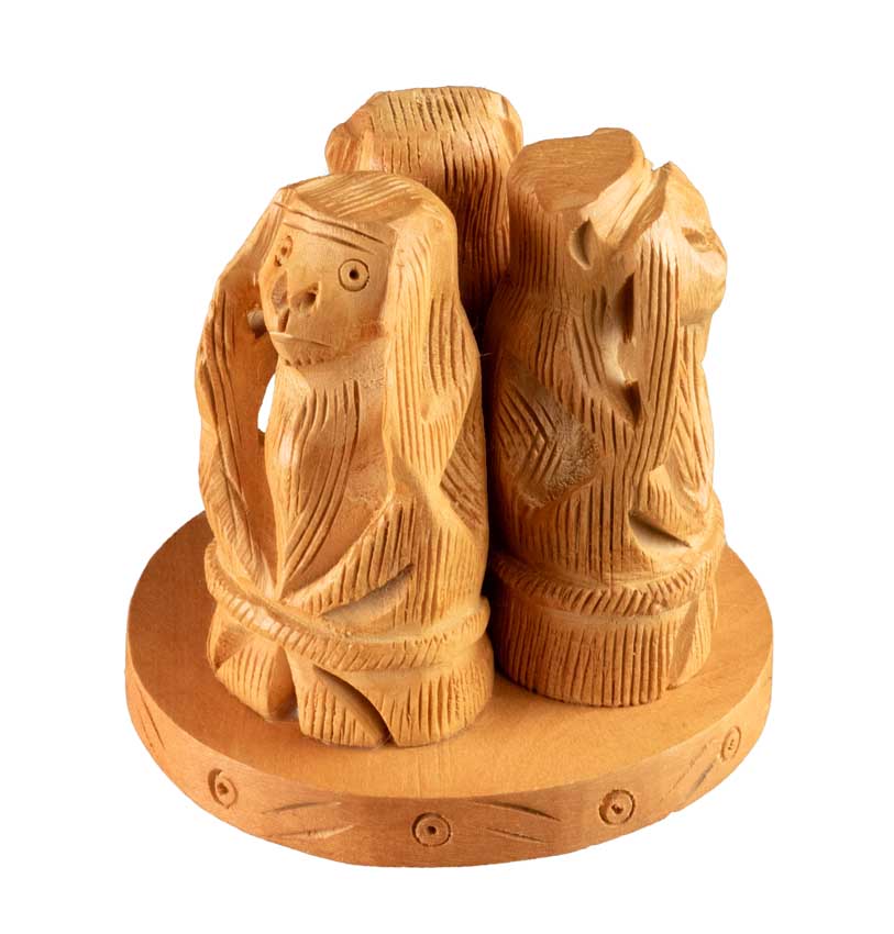 Statue 3 Singes De La Sagesse En Bois Sur Socle – Artisanat Indien