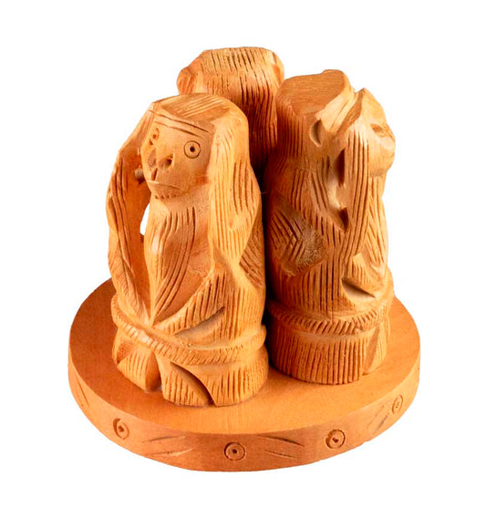 Statue 3 Singes De La Sagesse En Bois Sur Socle – Artisanat Indien