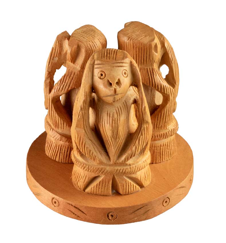 Statue 3 Singes De La Sagesse En Bois Sur Socle – Artisanat Indien