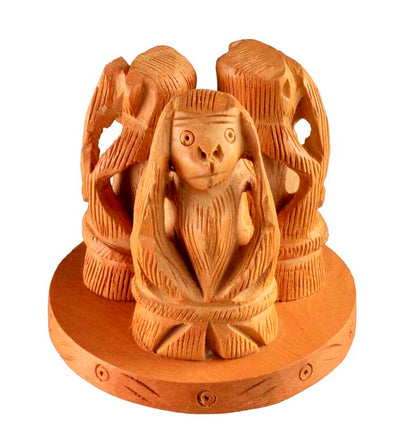 Statue 3 Singes De La Sagesse En Bois Sur Socle – Artisanat Indien