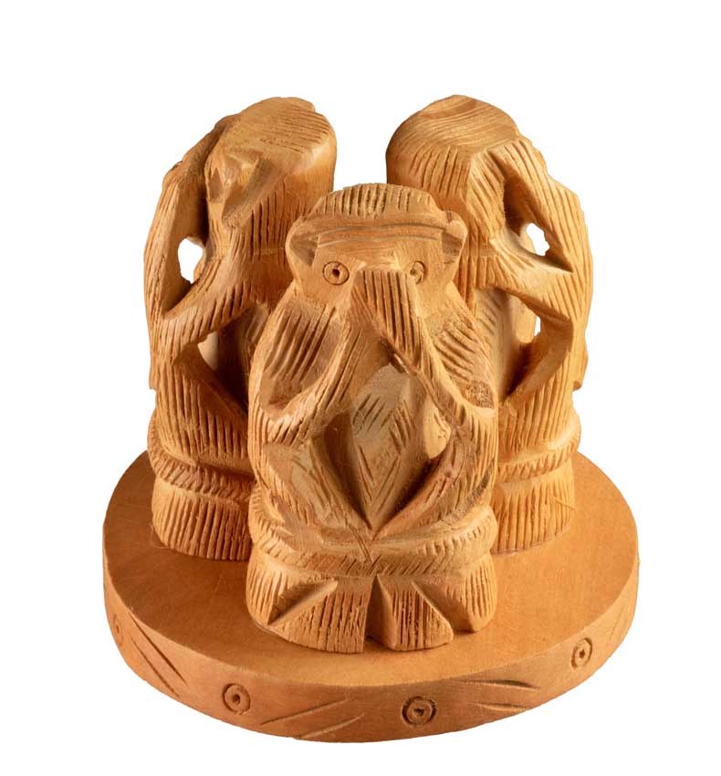 Statue 3 Singes De La Sagesse En Bois Sur Socle – Artisanat Indien